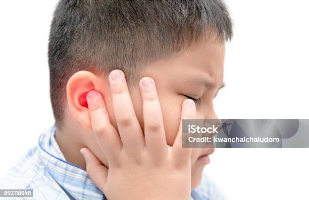 Obese Fat Boy Touching His Painful Ear Isolated Stock Photo - Download Image Now - Ear, Child, Infectious Disease