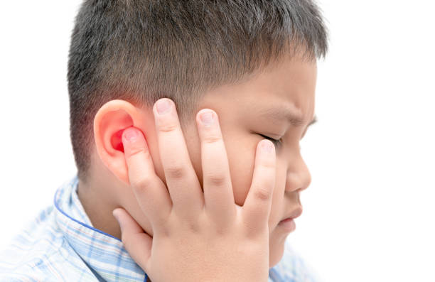 obese fat boy touching his painful ear isolated - young ears imagens e fotografias de stock