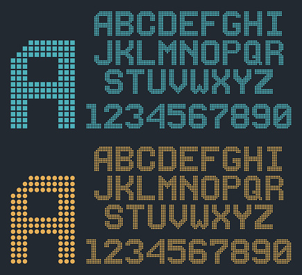 retro font, pixel letters and numbers, dotted alphabet
