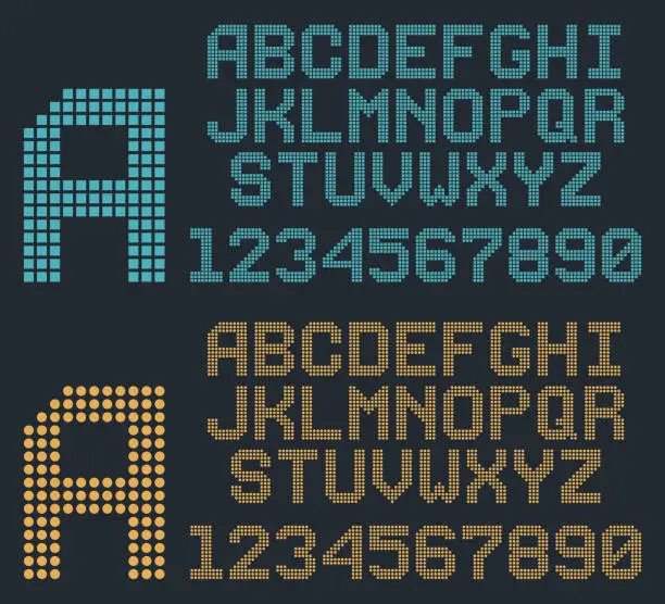 Vector illustration of retro pixel font, rounded alphabet and numbers