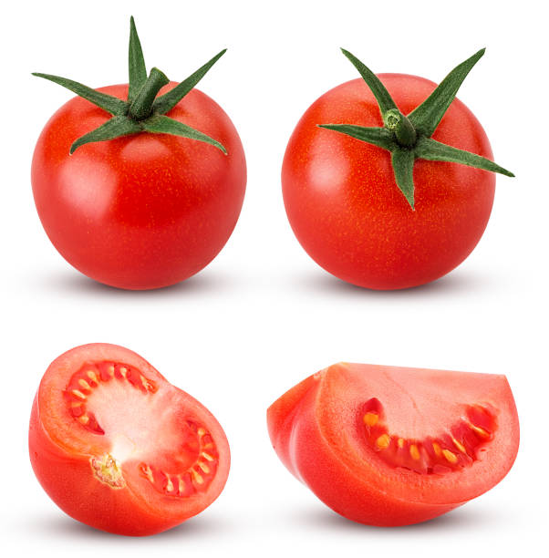istock Collection fresh red tomato with green leaves, whole, cut in half, slice 892138844
