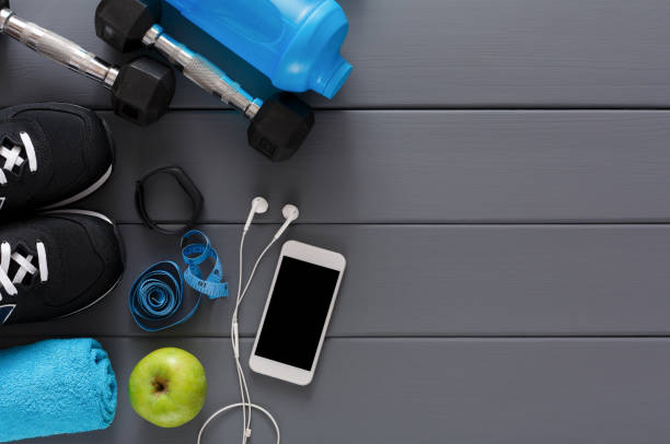 istock Fitness background, sport equipment, copy space 892146834