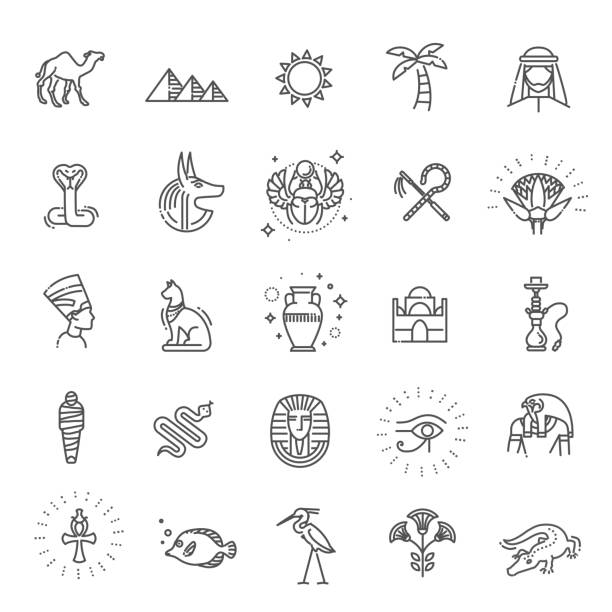Egypt icons and design elements isolated. Set of vector flat design Egypt travel icons and infographics elements with landmarks and famous Egyptian symbols crocodile stock illustrations
