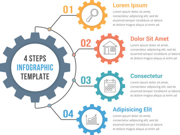 기어와 infographic 서식 파일 - gear machine part wheel four objects stock illustrations