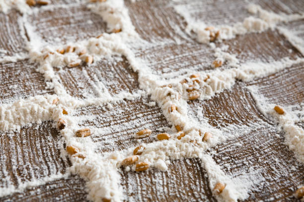 istock Baking concept on wood background, sprinkled flour with copy space 892156090