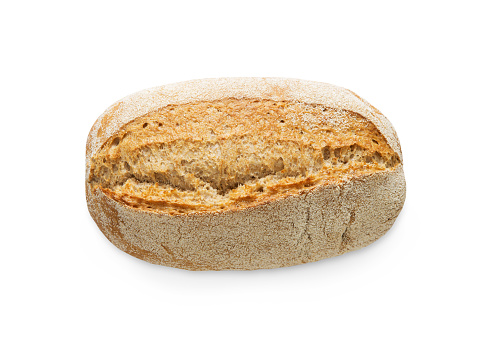 Rye bread loaf isolated. Fresh crusty bread at white background top view