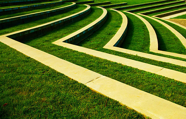 Symmetrical Green Grass Lawn with Rows of Steps at a Park
