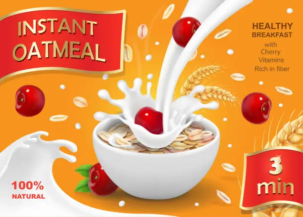 Vector illustration of Instant oatmeals with cherry. Oat flakes advertising with milk splash and berry