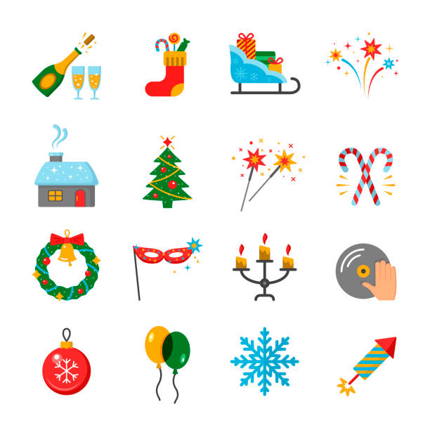 ilustraciones, imágenes clip art, dibujos animados e iconos de stock de feliz año nuevo set de iconos planos. - ny01