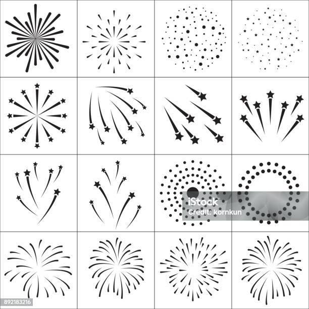 Ilustración de Fuego Artificial Iconos Plana y más Vectores Libres de Derechos de Fuegos artificiales - Fuegos artificiales, Explotar, Ícono