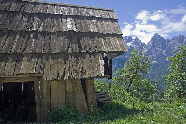 Derelict mountain hut stock photo