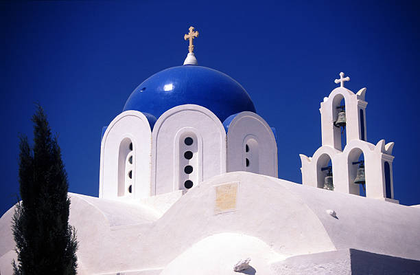 istock Church in Santorini, two crosses and tree 89220373