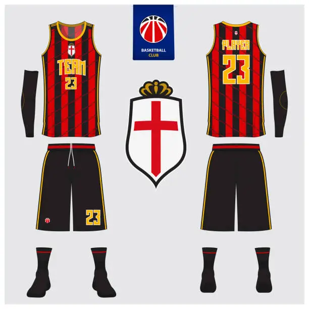 Vector illustration of Basketball uniform or sport jersey, shorts, socks template for basketball club. Front and back view sport t-shirt design. Tank top t-shirt mock up with basketball flat symbol design. Vector