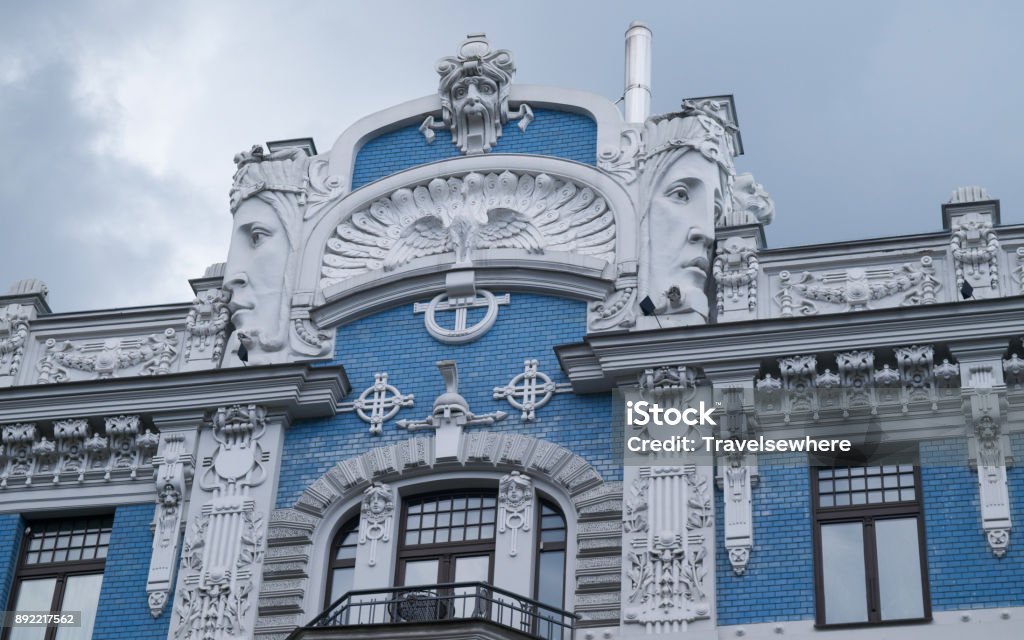 Art Nouveau architecture Art Nouveau architecture on a building facade in Riga, Latvia Anthropomorphic Face Stock Photo