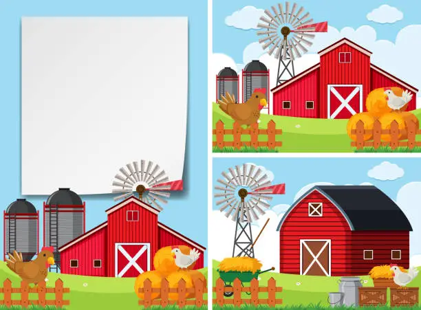 Vector illustration of Three scenes with barns and chickens