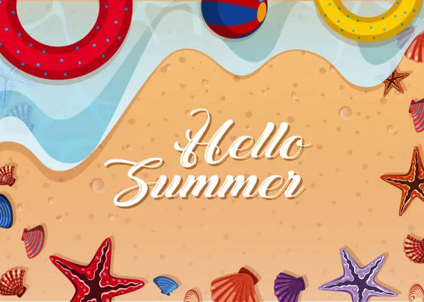 Vector illustration of Summer theme with toys and shells on beach