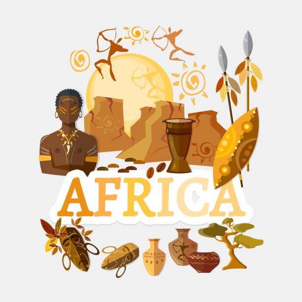 ilustraciones, imágenes clip art, dibujos animados e iconos de stock de viajar a áfrica. tradiciones y cultura, bienvenidos a áfrica. colección de elementos simbólicos. fondo de viaje de plantilla - african descent african culture drum history