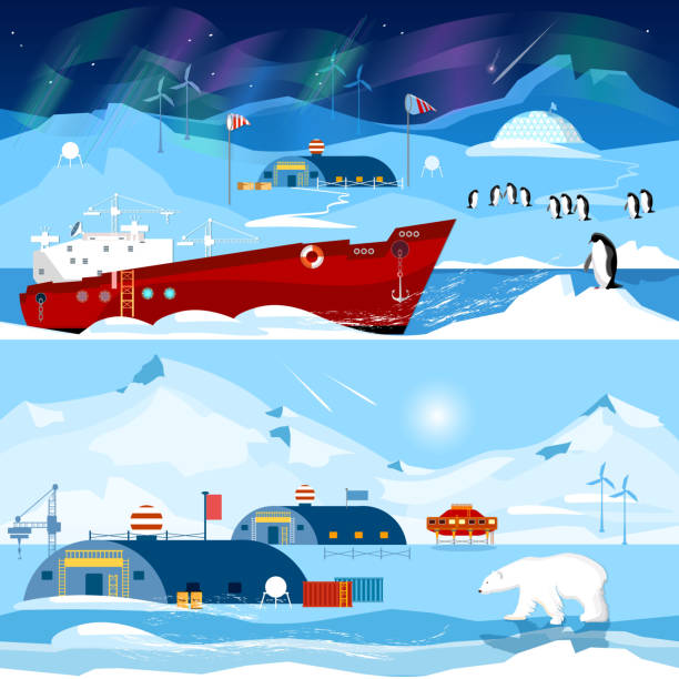 ilustrações de stock, clip art, desenhos animados e ícones de north pole, polar station banners. scientific station studying of antarctica and north pole - iceberg banner animal bird