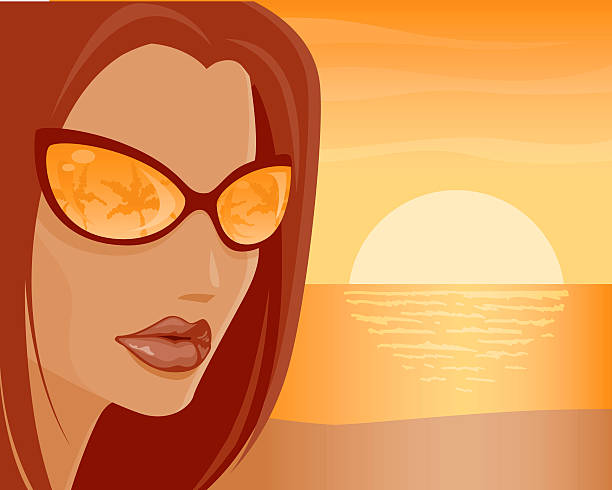 frau am strand - women summer hat tinted sunglasses stock-grafiken, -clipart, -cartoons und -symbole