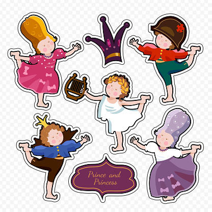 Funny kids playing prince and princess children's theater cartoon, stickers vector