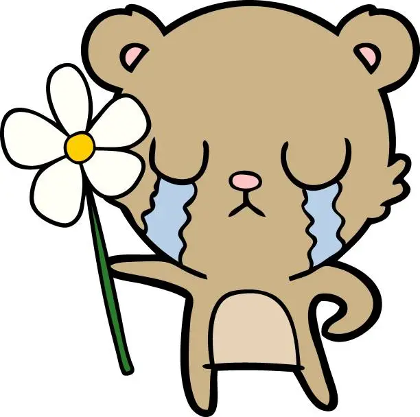 Vector illustration of crying cartoon bear with flower