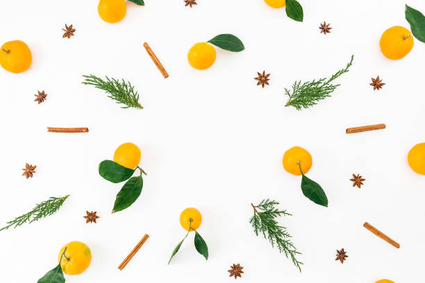 istock Frame made of citrus, cinnamon and fir branches on white background. Flat lay. Top view 892237820