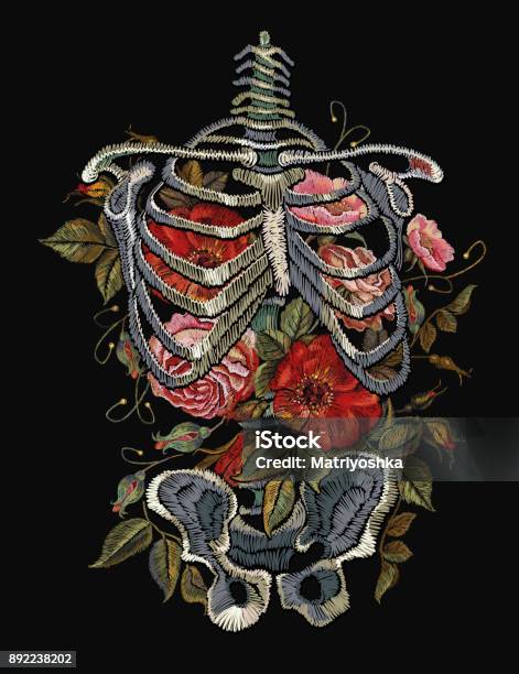 Gothic Embroidery Skeleton Ribs And Flowers Fashionable Clothes Tshirt Design Beautiful Flowers Renaissance Style Vector Embroidery Human Rib Cage With Red Roses Stock Illustration - Download Image Now