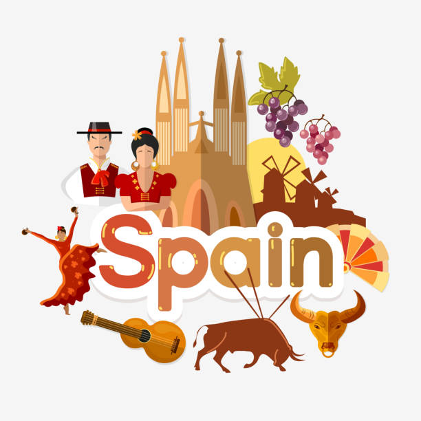 Travel to Spain. Traditions and culture,  Welcome to Spain. Collection of symbolic elements. Template travel background vector art illustration
