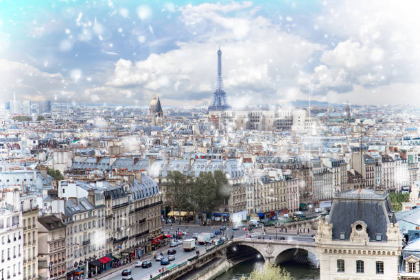 skyline of Paris city with blue sky at winter, France