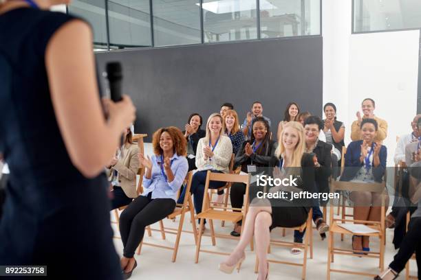 Another Successful Seminar In The Bag Stock Photo - Download Image Now - Public Speaker, Audience, Speaker