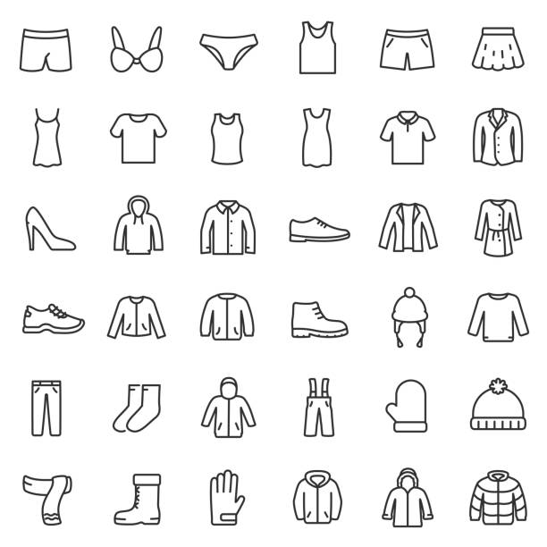 ilustrações de stock, clip art, desenhos animados e ícones de men's and women's clothing for different seasons, icons set. line with editable stroke - coat