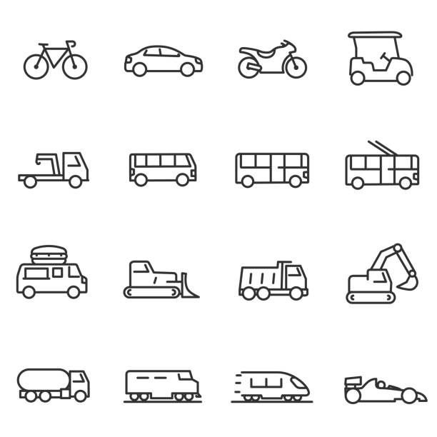 Ground transportation icons set. Line with Editable stroke Ground transportation icons set, linear design. Line with Editable stroke bus stock illustrations