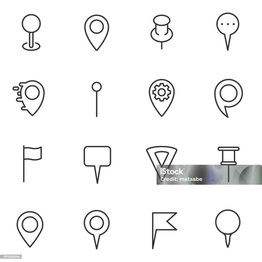 Carte de broche marqueurs et pointeurs ensemble d’icônes. La ligne barrée modifiable - clipart vectoriel de Marqueur de carte libre de droits