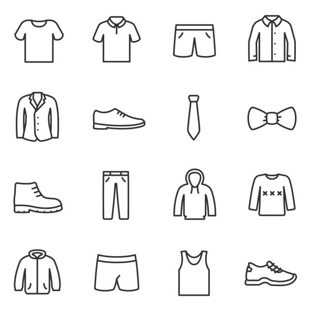 kleidung für männer symbole festgelegt. sammlung von verschiedenen kleidung. linie mit editierbaren schlaganfall - shorts clothing sport sports clothing stock-grafiken, -clipart, -cartoons und -symbole