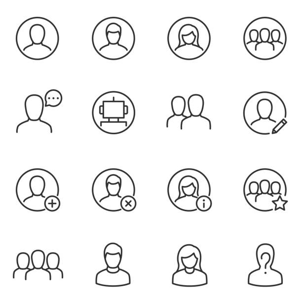 Avatars for user interface icons set. Line with editable stroke Avatars for user interface icons set. Collection silhouettes of men, women and groups of people for an app or a web site. Line with editable stroke person on phone stock illustrations