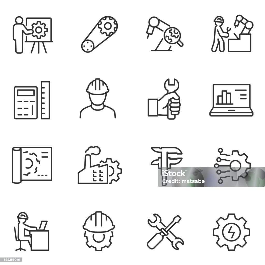 Engineering icons set. Engineer. Line with editable stroke Engineering icons set. Engineer, linear style. Field of technical activity for invent, innovate, design, build, maintain and research. Line with editable stroke Icon Symbol stock vector