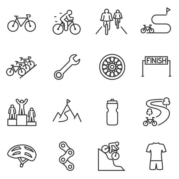 ilustraciones, imágenes clip art, dibujos animados e iconos de stock de conjunto de iconos de montar en bicicleta. bicicleta de diseño lineal. bicicleta y atributos. línea con el movimiento editable - andar en bicicleta