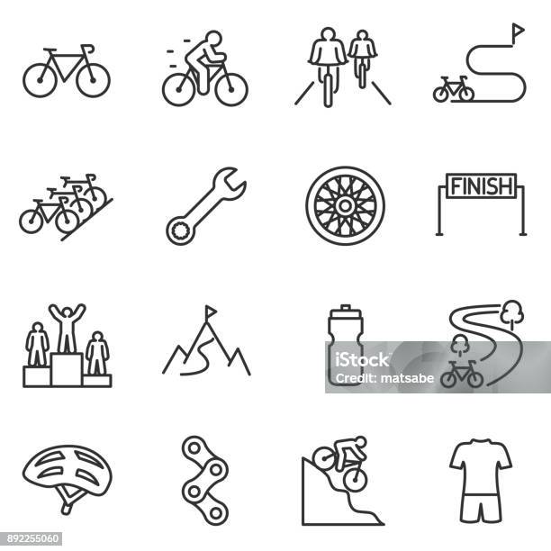 Ilustración de Conjunto De Iconos De Montar En Bicicleta Bicicleta De Diseño Lineal Bicicleta Y Atributos Línea Con El Movimiento Editable y más Vectores Libres de Derechos de Ícono