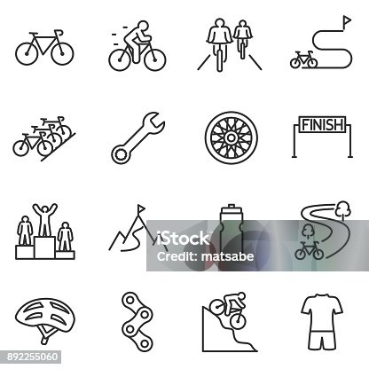istock Bicycle riding icon set. cycling linear design. Bike and attributes. Line with editable stroke 892255060
