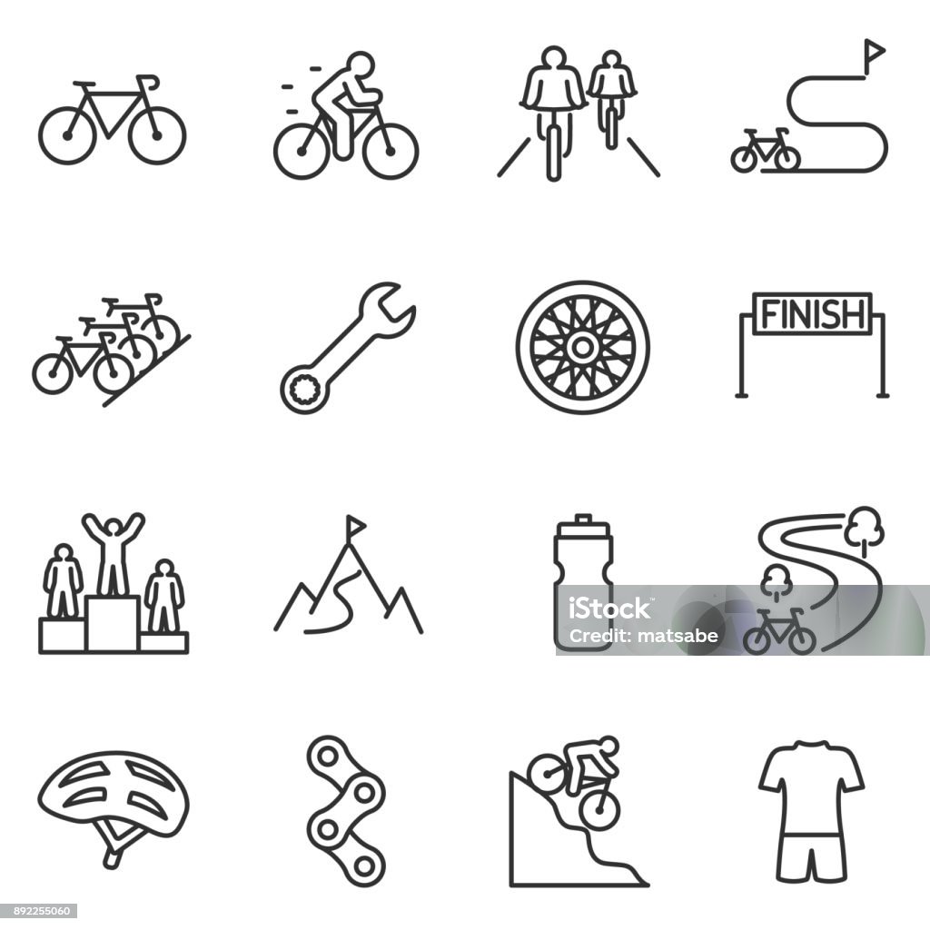 Bicycle riding icon set. cycling linear design. Bike and attributes. Line with editable stroke Bicycle riding icon set. cycling linear design. Bike and attributes. Icon Symbol stock vector