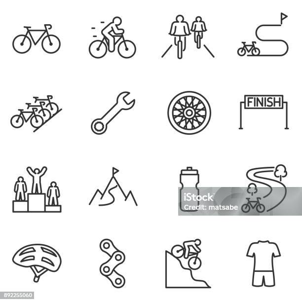 Bicycle Riding Icon Set Cycling Linear Design Bike And Attributes Line With Editable Stroke Stock Illustration - Download Image Now