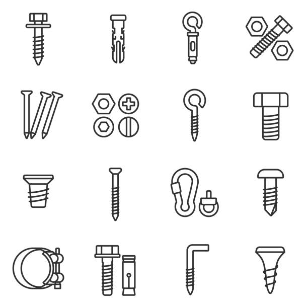 fastener icons set. Line with editable stroke fastener icons set. Assortment of fasteners linear design. Line with editable stroke screw stock illustrations