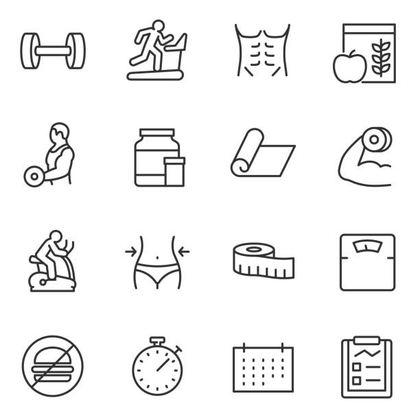 fitness- und gymnastikraum symbole festgelegt. linie mit editierbaren schlaganfall - spinning-bike stock-grafiken, -clipart, -cartoons und -symbole