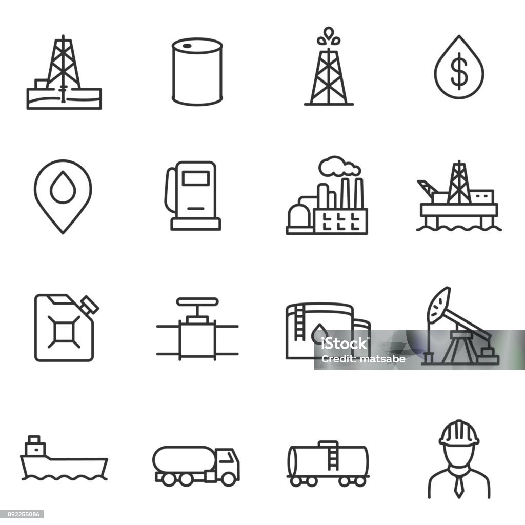 Oil and petroleum industry icons set. Line with editable stroke Oil and petroleum industry linear icons set. Icon Symbol stock vector
