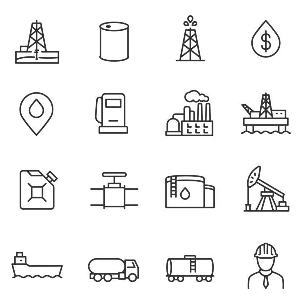 Oil and petroleum industry icons set. Line with editable stroke Oil and petroleum industry linear icons set. oil industry stock illustrations