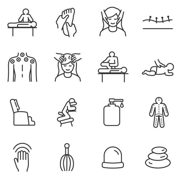 Massage linear icons set. relaxing spa.Line with editable stroke Massage linear icons set. relaxing spa and medical massage of various parts of the body, acupuncture.Line with editable stroke massaging stock illustrations