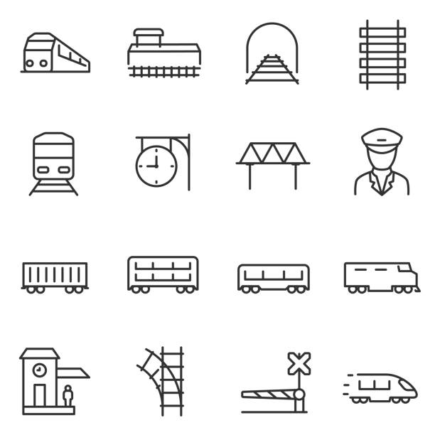 illustrazioni stock, clip art, cartoni animati e icone di tendenza di set di icone ferroviarie e ferroviarie.  linea con tratto modificabile - train