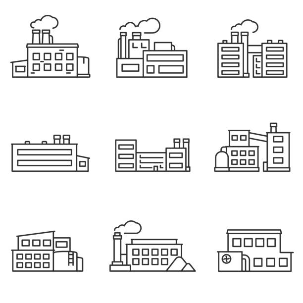 ilustrações, clipart, desenhos animados e ícones de conjunto de ícones de fábrica. linha com curso editável - industry pipe chimney equipment