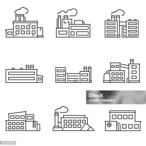 Factory Icons Set Line With Editable Stroke Stock Illustration - Download Image Now - Factory, Icon Symbol, Symbol