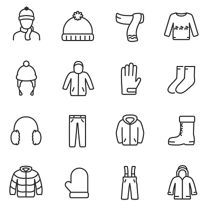 Winter clothes icons set. Jackets, a sweater with deer, gloves and more, linear design. Line with editable stroke